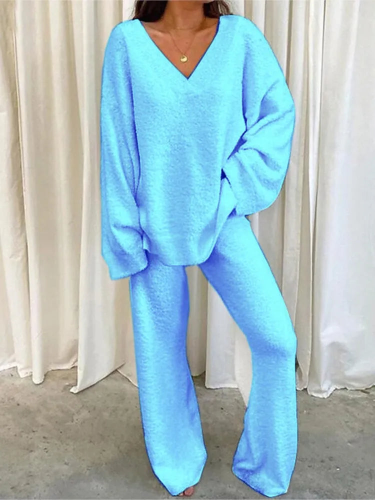 Autumn Winter Women's Comfortable Tracksuits Casual V-Neck Long Sleeve Pullover And Pants Warm Two Piece Set Women Fashion Sets