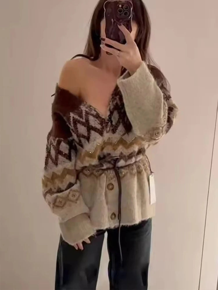 Women Knitted Midi Skirts Two Piece Sets 2025 New Fashion Jacquard Belt Knit Cardigan Women's Suits Autumn Winter Woman Outfits