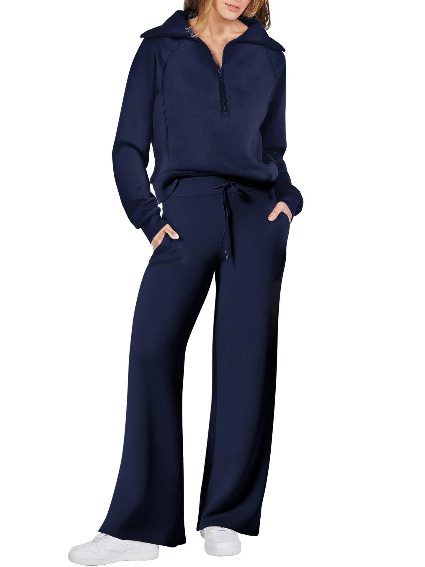 Solid Two-piece set Women Fashion Long Sleeve Zipper Sweater Pullover Tie up Pocket Wide Leg Pant Suit Loose Casual Sport Sets