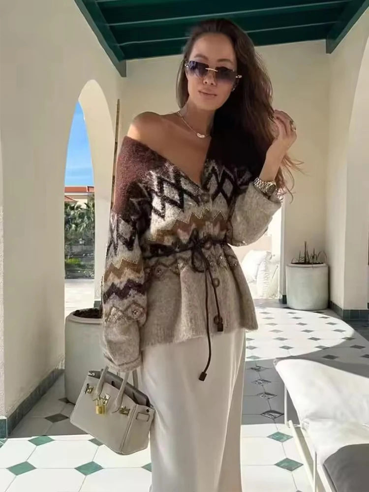 Women Knitted Midi Skirts Two Piece Sets 2025 New Fashion Jacquard Belt Knit Cardigan Women's Suits Autumn Winter Woman Outfits