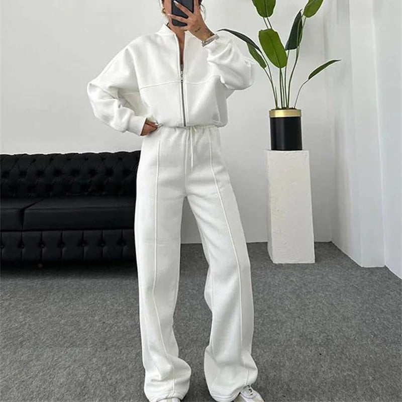 2025 Sweatshirt Two-piece Suit Women's Casual Sets Loose Zipper-up Short Jacket Tops Straight Trousers Sports 2-piece Sets Lady
