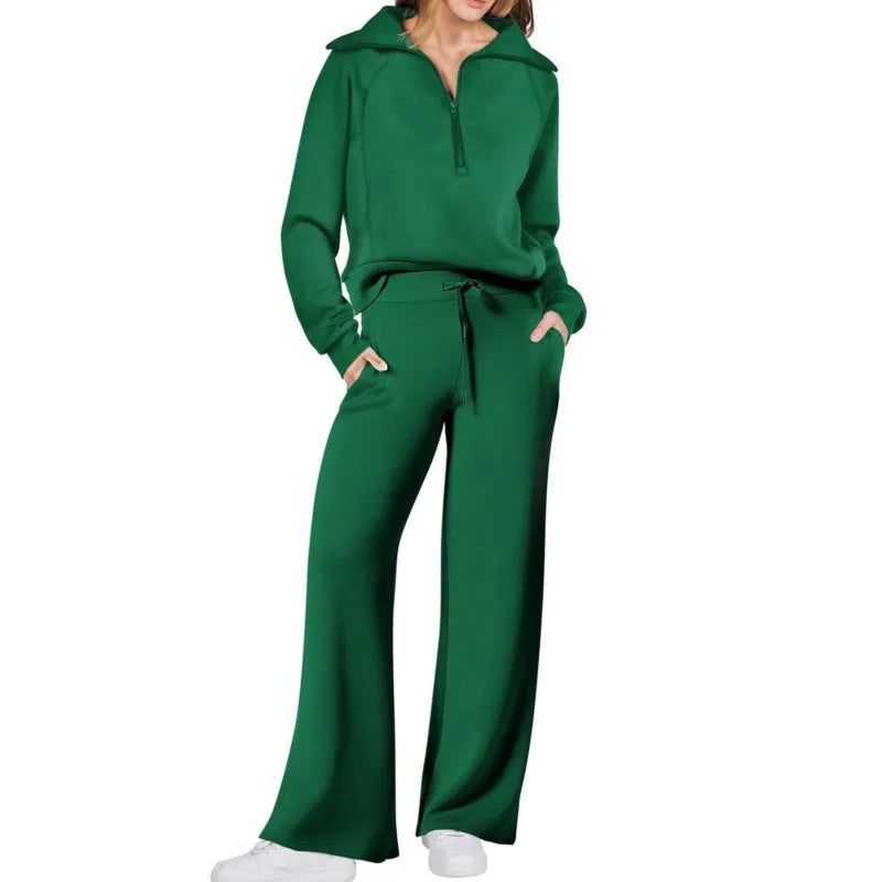Solid Two-piece set Women Fashion Long Sleeve Zipper Sweater Pullover Tie up Pocket Wide Leg Pant Suit Loose Casual Sport Sets