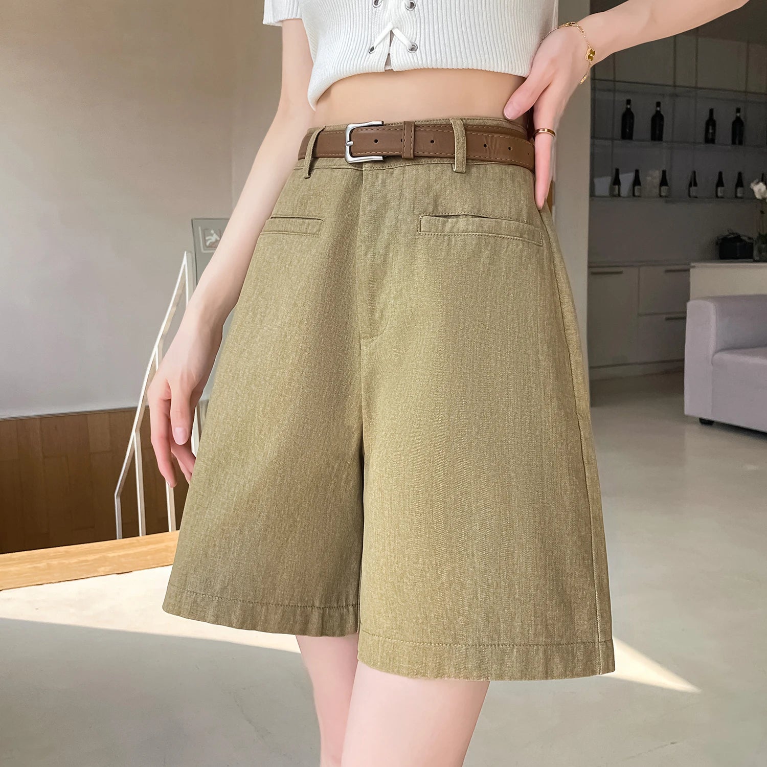 Summer Cotton and Linen Women's Wide Leg Shorts with Belts 2025 New High Waist Solid Casual Loose Short Pant for Womens