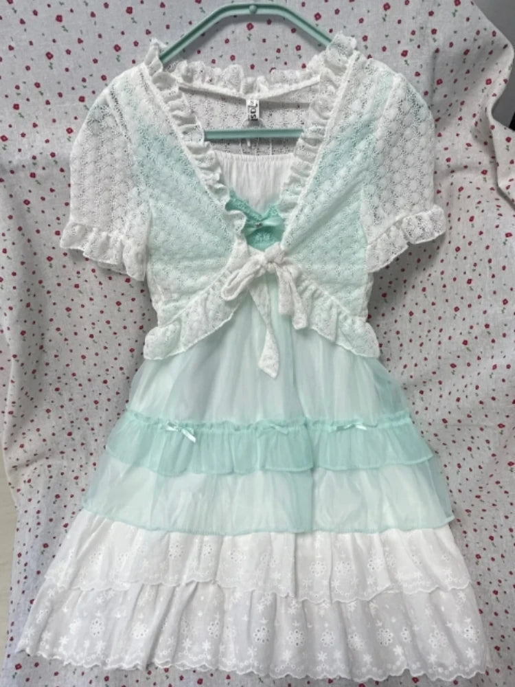 Sweet Japanese Lolita Two Piece Dress Set Lace Patchwork Ruffle Layered Dresses New Kawaii Cute Short Sleeve Summer Outfits 2025