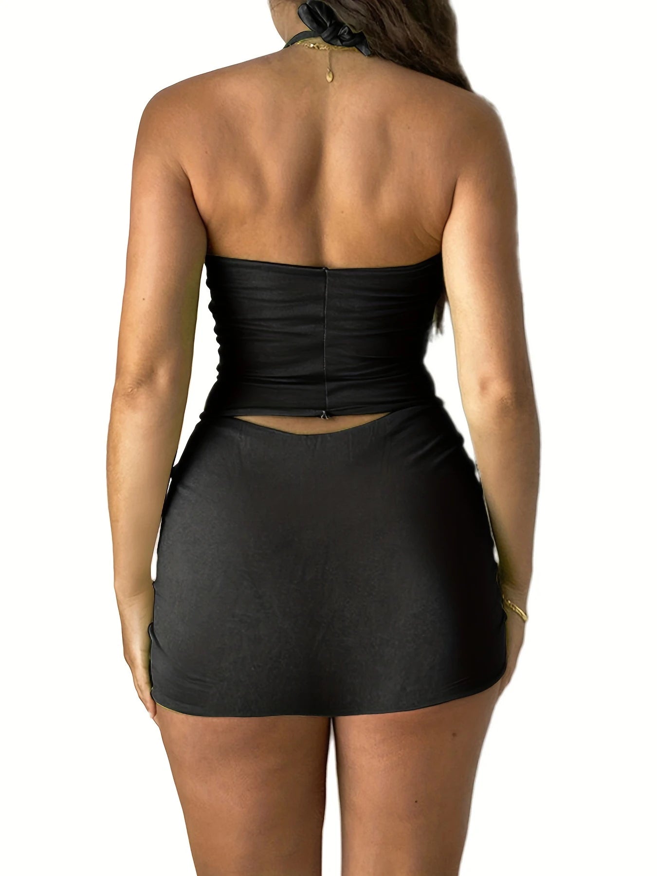 Women's sexy neck hanging, backless, slim fit solid color vest, hip hugging short skirt two-piece set
