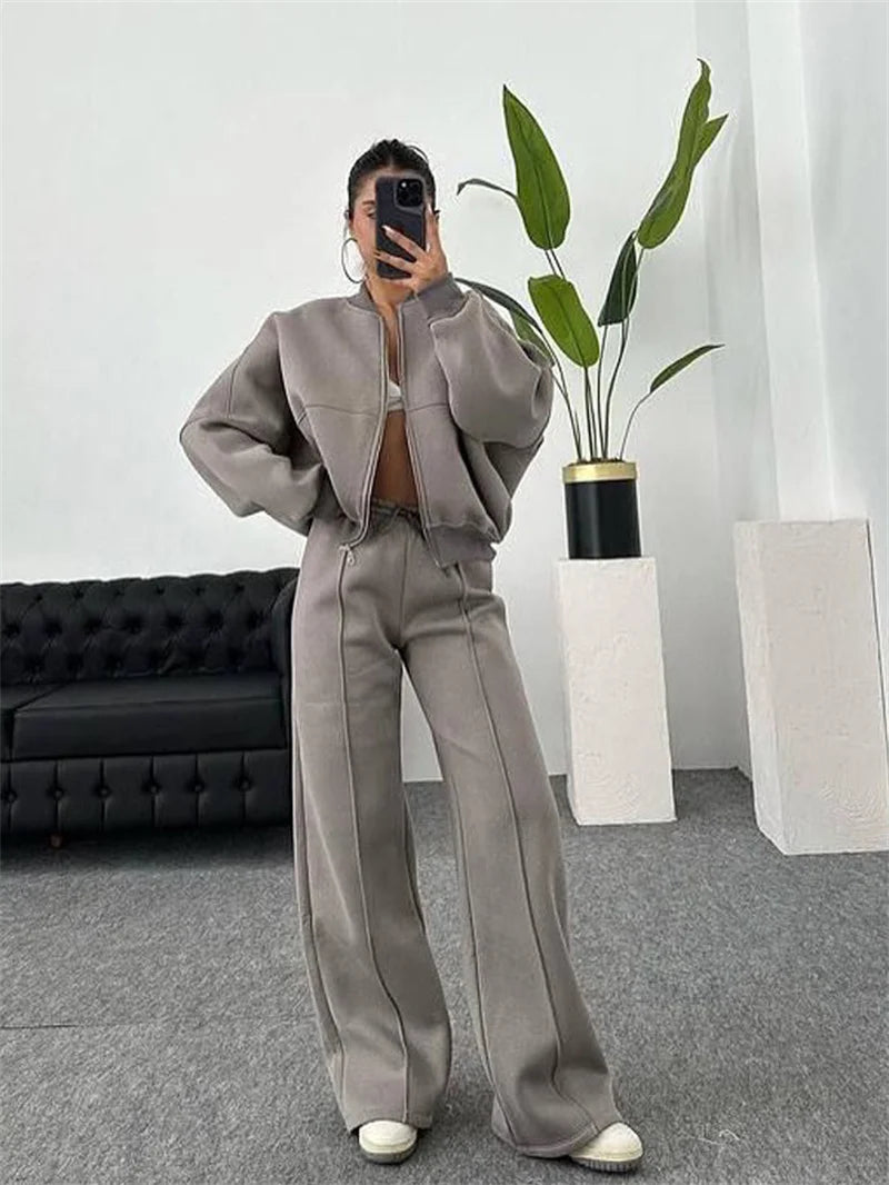 2025 Sweatshirt Two-piece Suit Women's Casual Sets Loose Zipper-up Short Jacket Tops Straight Trousers Sports 2-piece Sets Lady