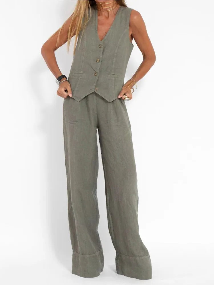 Women Fashion Solid V-neck Sleeveless Two Piece Sets New Spring Summer Button Vest Top & Wide Leg Pants Office Casual Outfits