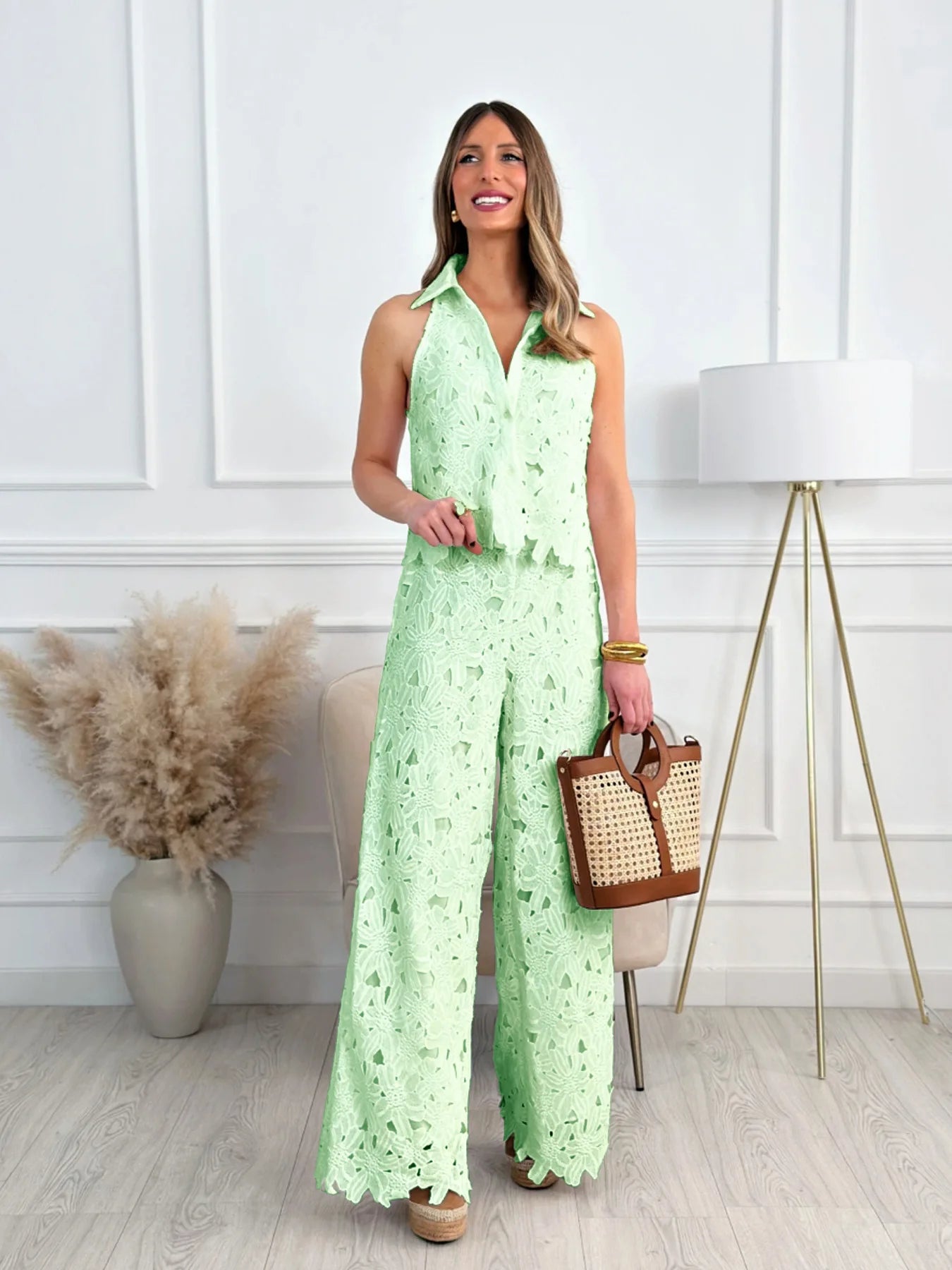 LGRQ turn-down collar sleeveless lace hollow out single breasted shirt top and high waist full length pants two pieces set