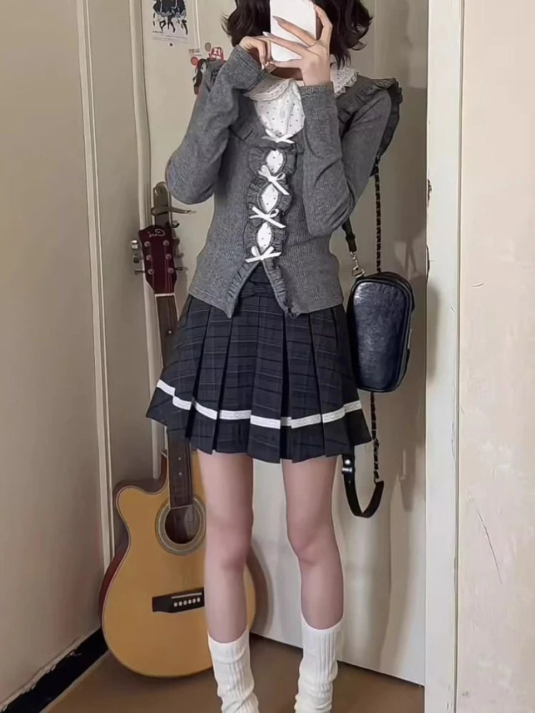 Japanese Sweet Preppy Style 2 Piece Sets Women Fake Two Piece Tops + Pleated Skirt New Fashion JK Slim Retro Outfits Spring 2026