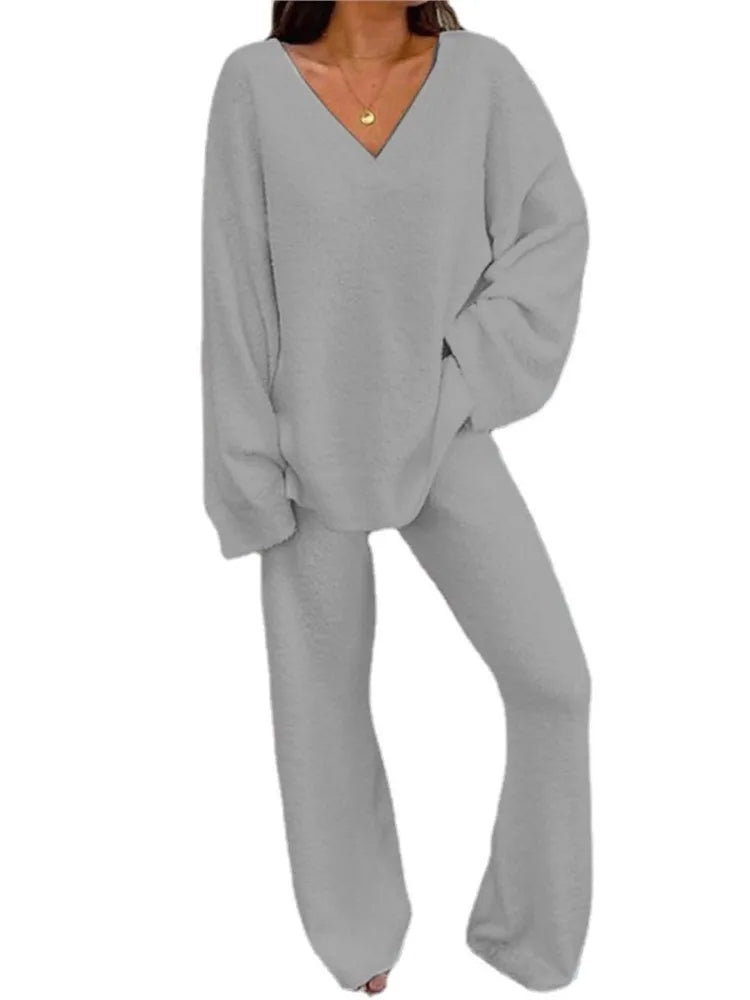 Autumn Winter Women's Comfortable Tracksuits Casual V-Neck Long Sleeve Pullover And Pants Warm Two Piece Set Women Fashion Sets