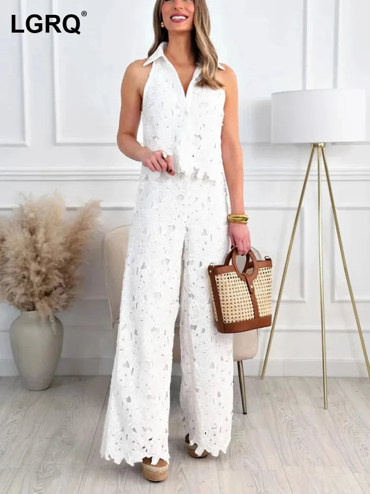 LGRQ turn-down collar sleeveless lace hollow out single breasted shirt top and high waist full length pants two pieces set