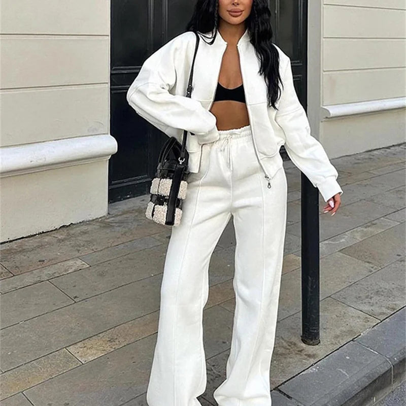 2025 Sweatshirt Two-piece Suit Women's Casual Sets Loose Zipper-up Short Jacket Tops Straight Trousers Sports 2-piece Sets Lady