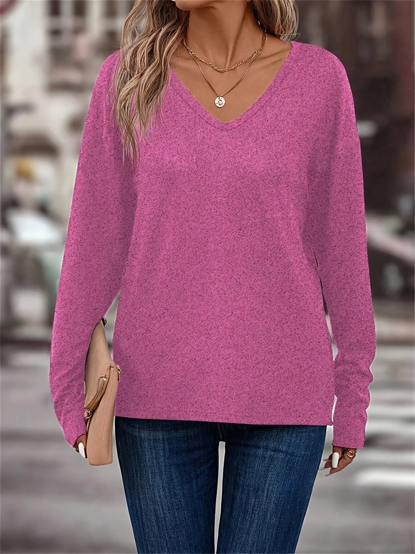 Women's Long Sleeve V-Neck Solid Color Dropped Shoulder T-Shirt - Soft micro-stretch fabric suitable for spring, summer and aut