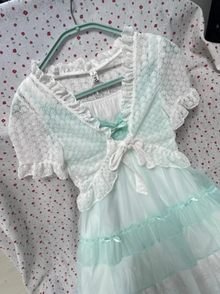 Sweet Japanese Lolita Two Piece Dress Set Lace Patchwork Ruffle Layered Dresses New Kawaii Cute Short Sleeve Summer Outfits 2025