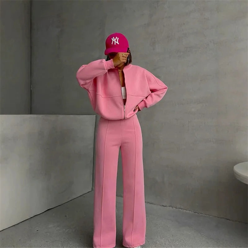 2025 Sweatshirt Two-piece Suit Women's Casual Sets Loose Zipper-up Short Jacket Tops Straight Trousers Sports 2-piece Sets Lady