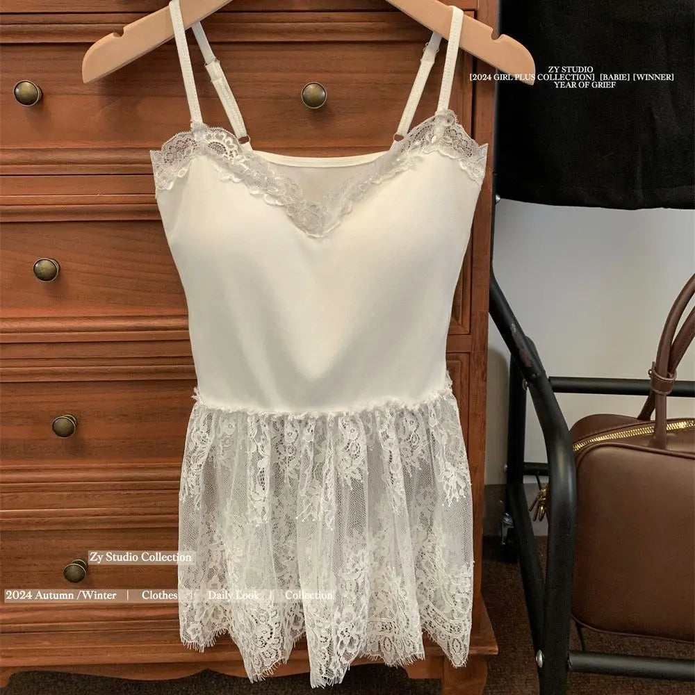 Korean Style Sexy Lace Sleeveless Crop Cami Top Women 2026 Summer Mesh Layer Tank Top Y2K Clothes Ruched Skinny Backless T-shirt