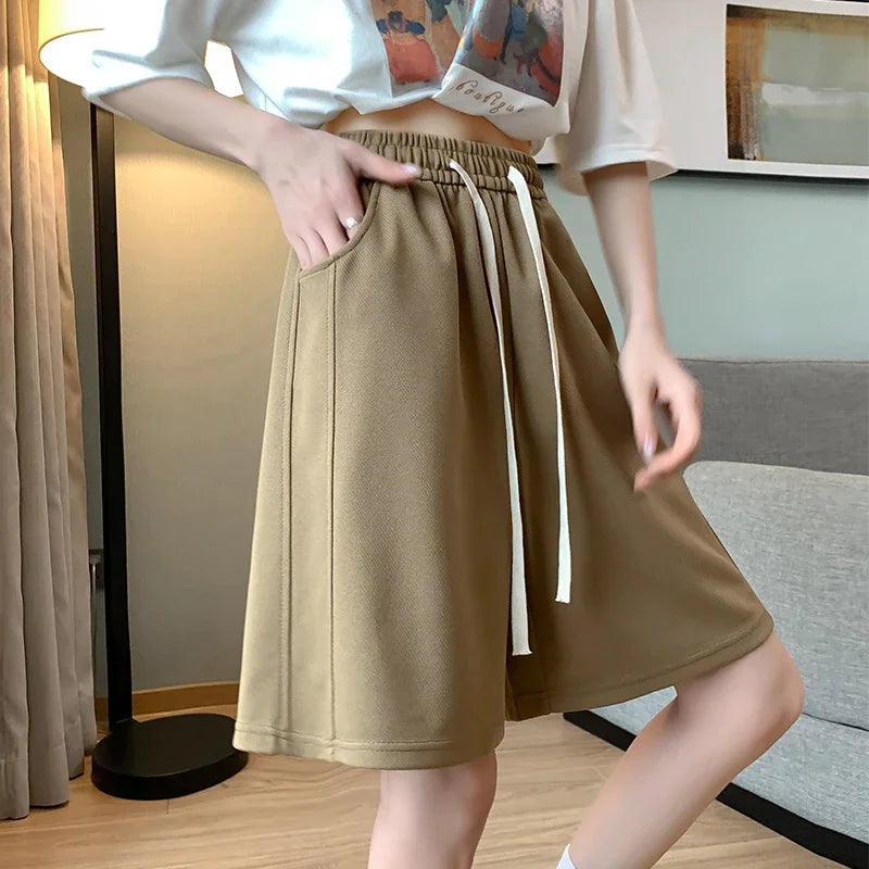 High Waist Drawstring Shorts Women's Summer 2025 Casual New Style Slimming Five-Quarter Pants Mid-Length Trousers Sports Shorts