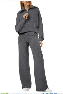 Solid Two-piece set Women Fashion Long Sleeve Zipper Sweater Pullover Tie up Pocket Wide Leg Pant Suit Loose Casual Sport Sets
