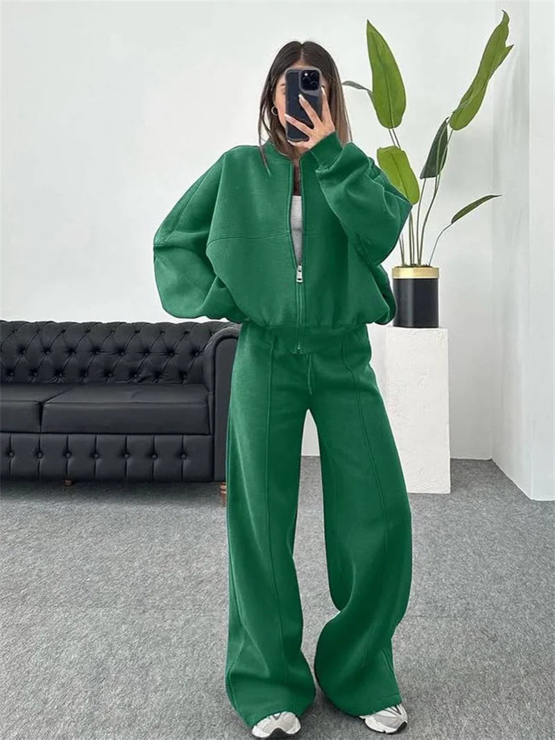 2025 Sweatshirt Two-piece Suit Women's Casual Sets Loose Zipper-up Short Jacket Tops Straight Trousers Sports 2-piece Sets Lady