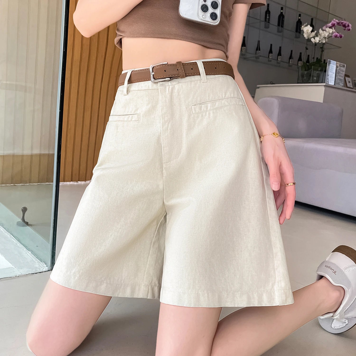 Summer Cotton and Linen Women's Wide Leg Shorts with Belts 2025 New High Waist Solid Casual Loose Short Pant for Womens