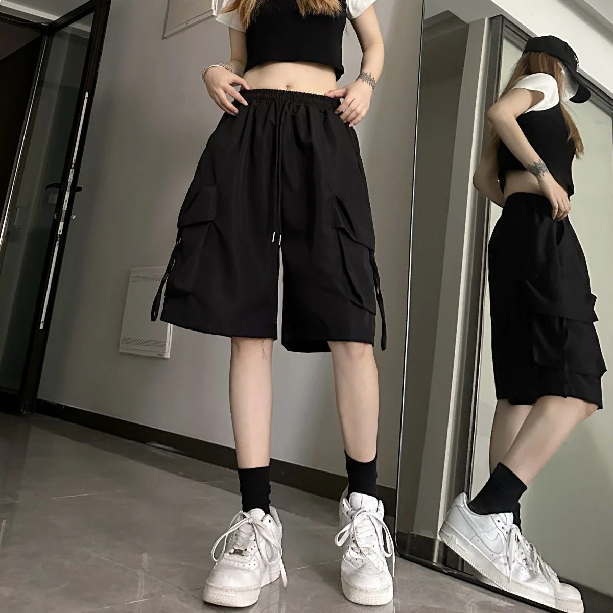Women High Waist Multi-pocket Cargo Shorts American Style Streetwear Summer Wide Leg Pants Fashion Female Big Pocket Shorts