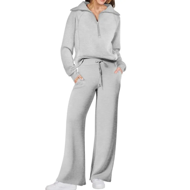Solid Two-piece set Women Fashion Long Sleeve Zipper Sweater Pullover Tie up Pocket Wide Leg Pant Suit Loose Casual Sport Sets