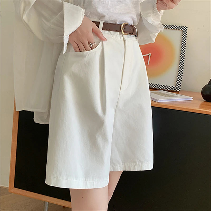 High Waist Summer Cotton Linen Women's Workwear Cargo Shorts Casual Loose Wide Leg Pants Fashionable Short Pants 2024 New