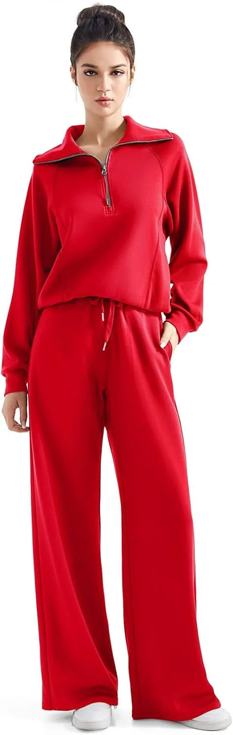 Solid Two-piece set Women Fashion Long Sleeve Zipper Sweater Pullover Tie up Pocket Wide Leg Pant Suit Loose Casual Sport Sets