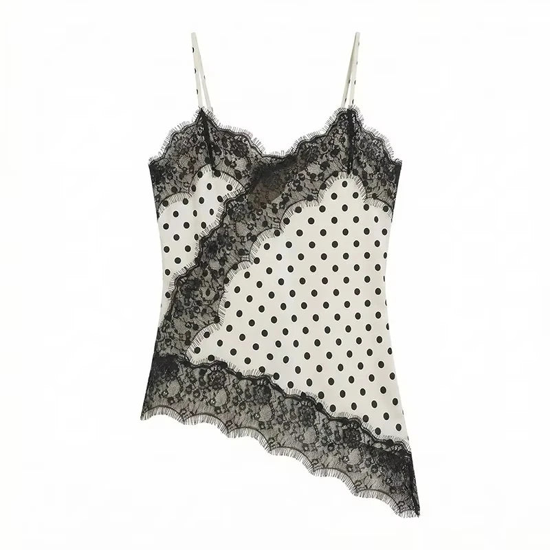 HH Women Elegant Polka Dot Lace Slip Tops Asymmetrical Hem Tanks Camis Summer Lady Sexy Lace Splicing Club Party Tops Camisole