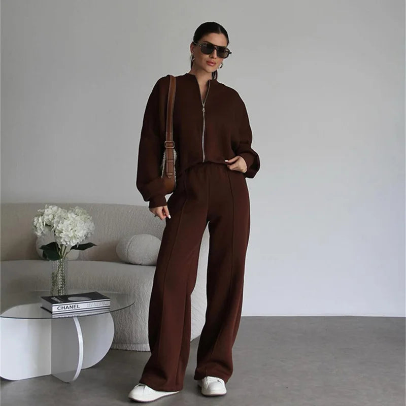 2025 Sweatshirt Two-piece Suit Women's Casual Sets Loose Zipper-up Short Jacket Tops Straight Trousers Sports 2-piece Sets Lady