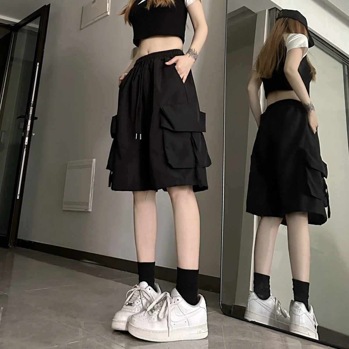 Women High Waist Multi-pocket Cargo Shorts American Style Streetwear Summer Wide Leg Pants Fashion Female Big Pocket Shorts