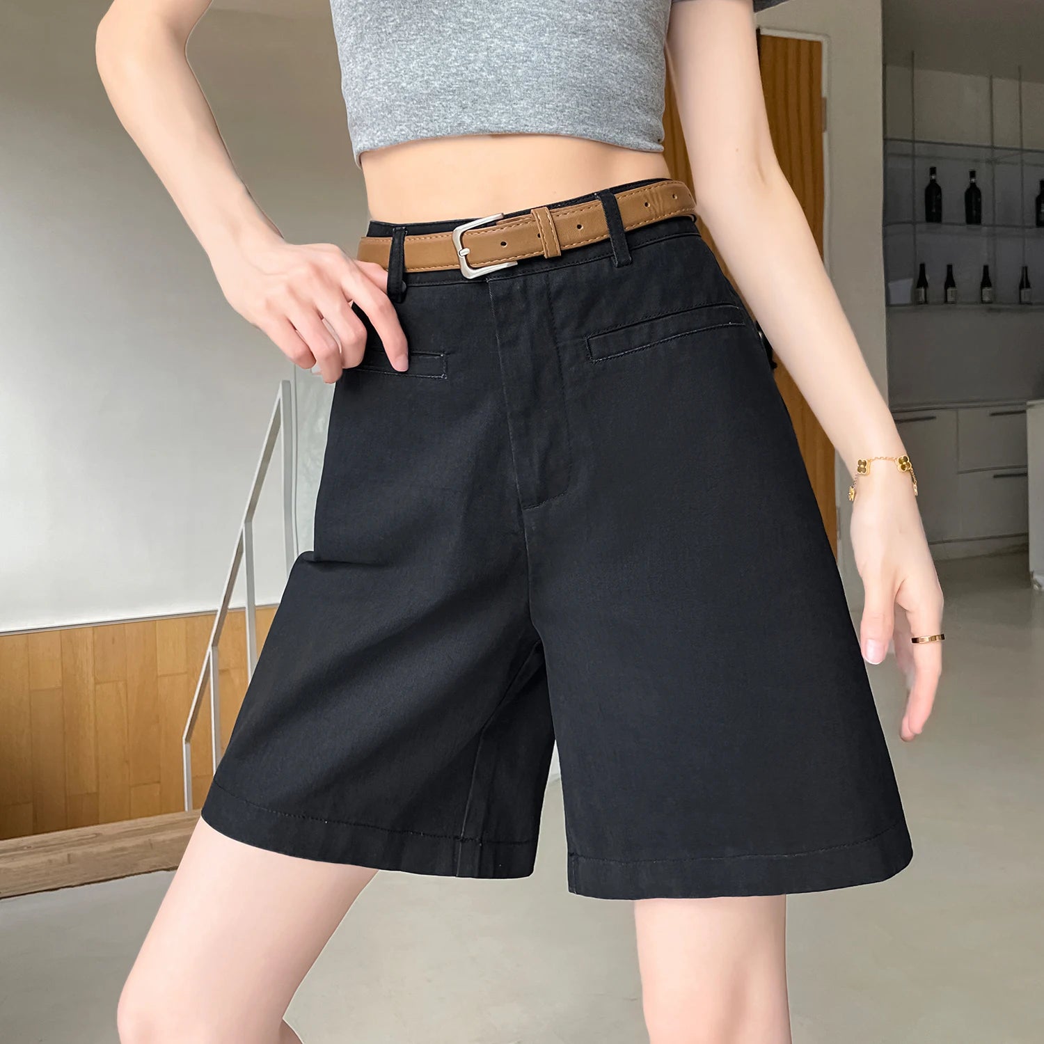 Summer Cotton and Linen Women's Wide Leg Shorts with Belts 2025 New High Waist Solid Casual Loose Short Pant for Womens