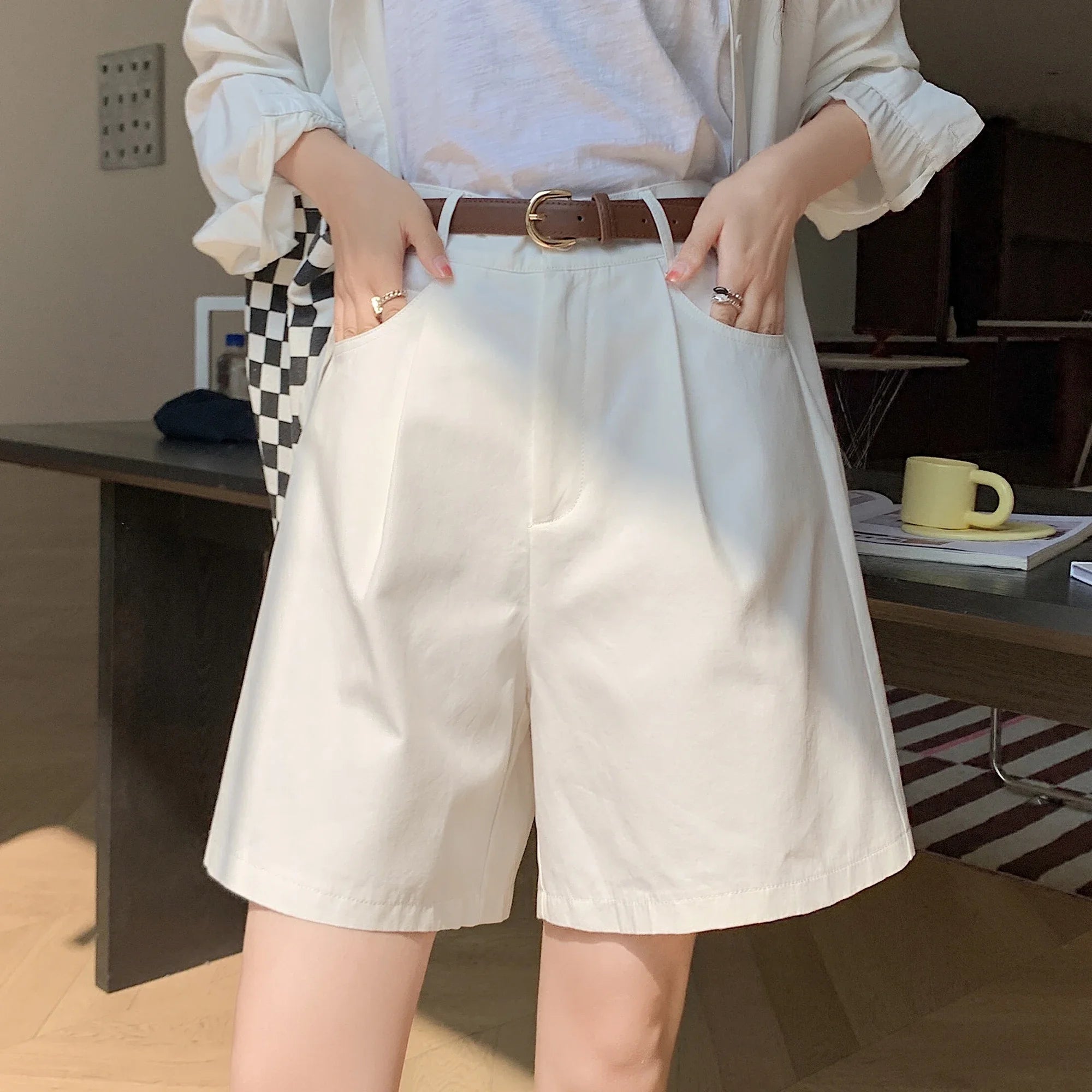 High Waist Summer Cotton Linen Women's Workwear Cargo Shorts Casual Loose Wide Leg Pants Fashionable Short Pants 2024 New
